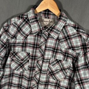 Vintage Wrangler Wrancher Shirt Men XL Blue Plaid Pearl Snap Western Brushpopper
